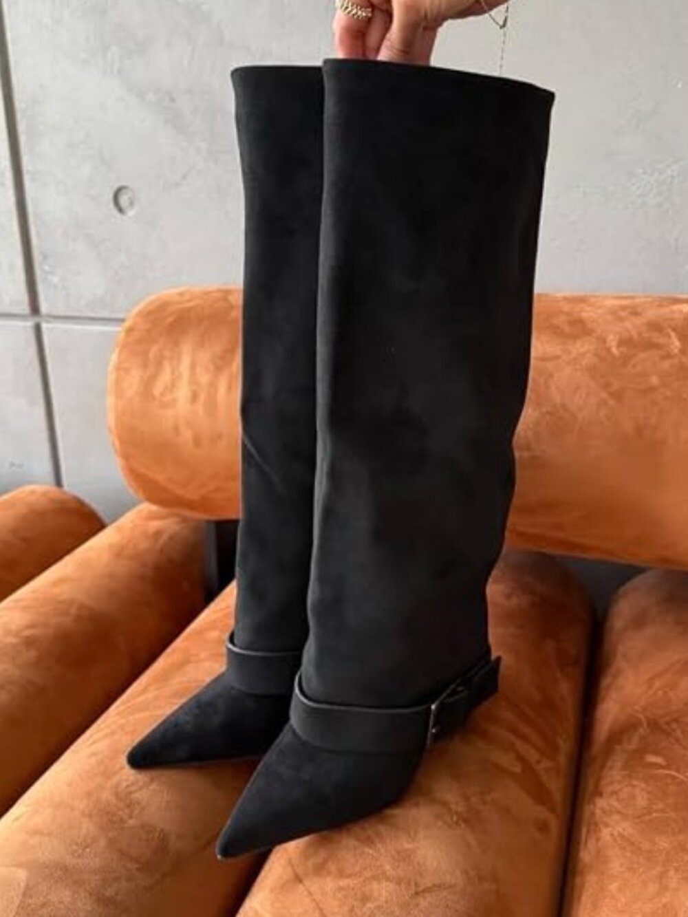Chunky High Heel Wide Calf Pointed Toe Boots